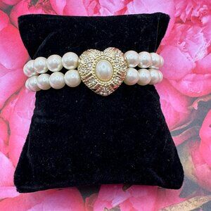 Vintage Richelieu Double Faux Pearl Bracelet with heart “centerpiece” covered in